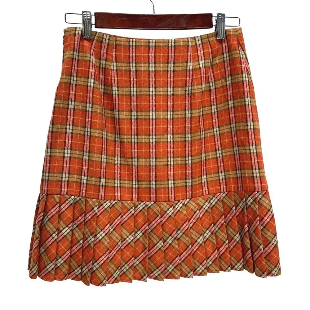 Ann Taylor LOFT Plaid Pleated Hem Mini Skirt Y2K Wool Blend Orange NWT Size 2 XS